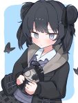  1girl arutisu0723 black_butterfly black_hair black_hoodie black_ribbon black_skirt blue_background border bug butterfly character_doll closed_mouth commentary_request contrast_collar doll grey_eyes grey_sweater_vest hair_ribbon highres holding holding_doll hood hoodie kurobe_nanoka looking_at_viewer mahou_shoujo_no_majo_saiban narehate_(mahou_shoujo_no_majo_saiban) official_alternate_costume ribbon shirt short_hair simple_background skirt solo sweater_vest two_side_up upper_body white_border white_shirt 