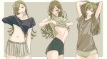  1girl alternate_costume alternate_hairstyle blush breasts clothes_lift collarbone green_eyes green_hair highres idolmaster idolmaster_shiny_colors long_hair looking_at_viewer medium_breasts multiple_persona nanakusa_hazuki navel paddy_field shirt_lift shorts simple_background sleepy straight_hair very_long_hair 