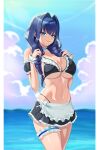  1girl alternate_costume apron bikini black_bikini blue_eyes blue_hair bow braid breasts choker cleavage cloud commentary detached_sleeves english_commentary frilled_apron frilled_bikini frilled_choker frilled_sleeves frilled_thigh_strap frilled_wrist_cuffs frills hair_intakes hands_up highleg highleg_bikini highres holding_own_hair hololive hololive_english large_breasts long_hair looking_at_viewer low_twin_braids maid maid_apron maid_bikini navel ocean official_alternate_hairstyle ouro_kronii ouro_kronii_(maid) short_sleeves simonz1987 sky smile solo sunlight swimsuit thigh_strap twin_braids unconventional_maid virtual_youtuber waist_apron white_apron wrist_cuffs 