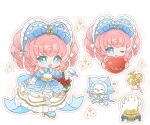 1girl animal arm_warmers back_bow bare_shoulders basket bird bird_on_hand blue_bird blue_bonnet blue_bow blue_bowtie blue_cloak blue_dress blue_eyes blue_shoes blue_sleeves bonnet bow bowtie cat character_print chibi chinese_commentary classic_lolita cloak clothed_animal collar commentary_request commission cropped_torso curly_hair detached_collar detached_sleeves dress drill_hair eyelashes faewish_sprite fang flower frilled_arm_warmers frilled_collar frilled_headwear frilled_hood frilled_sleeves frills hair_bow hair_ornament hair_through_headwear halftone halftone_background heart heart-shaped_bonnet high_heels highres holding holding_heart hood hood_up hooded_cloak infinity_nikki large_bow layered_dress lolita_fashion long_dress long_hair momo_(nikki) momo_(starry)_(infinity_nikki) multiple_hat_bows multiple_views musical_note musical_note_hair_ornament nikki_(series) official_alternate_costume open_mouth orange_hair outline print_dress puffy_short_sleeves puffy_sleeves red_flower red_rose rose sample_watermark shoes short_sleeves simple_background smile snow_globe sparkle strapless strapless_dress striped_bow striped_bowtie striped_clothes timeless_melody_(infinity_nikki) two_side_up watermark white_arm_warmers white_background white_bow white_cat white_collar white_dress white_outline winding_key yellow_bow yellow_bowtie zixi_bushi_luobei 