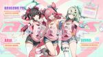  3girls angels_of_delusion aria_(human)_(cuteness_loading)_(zenless_zone_zero) aria_(human)_(zenless_zone_zero) aria_(zenless_zone_zero) arm_warmers asymmetrical_bangs backpack bag black_hair black_socks blue_eyes bow commentary_request crossed_bangs denim denim_shorts english_commentary fingerless_gloves gloves green_eyes green_hair gyaru_v hair_between_eyes hair_bow hair_ornament hairclip halo hand_up highres looking_at_viewer medium_hair multicolored_hair multiple_girls nangong_yu nangong_yu_(heartfelt_support) offering_hand official_art one_eye_closed open_mouth parted_lips pink_gloves pink_hair pink_shirt red_eyes shirt shorts single_fingerless_glove single_thighhigh sleeveless sleeveless_shirt smile socks standing standing_on_one_leg streaked_hair striped_arm_warmers sunna_(delusions_in_business)_(zenless_zone_zero) sunna_(zenless_zone_zero) thighhighs twintails v white_thighhighs wings zenless_zone_zero 