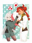  2girls 715piro_gon absurdres artist_name asticassia_school_uniform black_hairband black_pantyhose blue_background closed_eyes commentary_request cowboy_shot cropped_legs green_jacket green_shorts grey_eyes grey_hair gundam gundam_suisei_no_majo hairband heart highres hots_(gundam_suisei_no_majo) jacket long_hair miorine_rembran multiple_girls open_mouth pantyhose ponytail red_hair school_uniform shorts signature smile speech_bubble spoken_heart suletta_mercury watermark white_jacket white_shorts yuri 