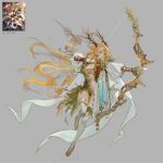 1girl absurdres aiguillette aiming animal_ears antlers arrow_(projectile) black_eyes blonde_hair bow_(weapon) braid breasts brooch brown_ribbon cape cleavage closed_mouth commentary curtained_hair deer_antlers deer_ears deer_girl drawing_bow expressionless floating_hair frilled_sleeves frills full_body gradient_clothes grey_background gugong_5 highres holding holding_bow_(weapon) holding_weapon horns jewelry leaf leaf_clothing leaf_ornament leg_up leotard long_hair long_sleeves looking_to_the_side mandarin_collar medium_breasts original puffy_long_sleeves puffy_sleeves red_pupils reference_inset ribbon see-through_clothes see-through_leotard shoes shrug_(clothing) side_braids simple_background solo thighhighs tree_horns untranslatable_commentary very_long_hair weapon white_cape white_shrug white_sleeves white_thighhighs yellow_shoes 