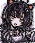  1girl ahoge animal_ear_headphones animal_ears arm_belt asymmetrical_sleeves belt_collar black_choker black_hair black_nails black_sweater cat_ear_headphones cat_ears choker collar eyeball_hair_ornament fake_animal_ears headphones highres long_sleeves looking_at_viewer mahou_shoujo_no_majo_saiban making-of_available multicolored_hair nail_polish off_shoulder open_mouth orange_eyes orange_nails orange_streaks portrait sawatari_coco sharp_teeth shirt short_hair sleeveless sleeveless_shirt slit_pupils smile solo streaked_hair striped_sleeves sweater teeth tsukihi_shida upper_body white_background white_shirt 