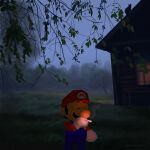  1boy absurdres arm_up black_hair blue_overalls building cigarette closed_eyes cowboy_shot facial_hair field gloves grass hat highres house leaf male_focus mario mario_(series) mustache night noubodying outdoors overalls plant red_hat short_hair sideburns sky smoking solo super_mario_64 tree very_short_hair white_gloves 
