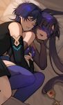  1boy 1girl absurdres bare_shoulders bed bed_sheet black_gloves black_hair black_shirt black_shorts blindfold blue_hair blue_leotard blunt_ends blush breasts bridal_gauntlets closed_eyes covered_eyes cuddling detached_sleeves drooling elbow_gloves eye_mask genshin_impact gloves gold_trim hair_between_eyes hair_ornament hetero highres hug hug_from_behind jewelry leotard long_hair lying mandarin_collar mask medium_breasts memeh missing_headwear mona_(genshin_impact) on_bed on_side open_mouth pillow purple_hair purple_leotard purple_thighhighs ring saliva scaramouche_(genshin_impact) shirt short_hair shorts sleeping sleeveless sleeveless_shirt spooning star_(symbol) star_hair_ornament teeth thighhighs twintails wanderer_(genshin_impact) 