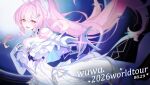  1girl absurdres aemeath_(wuthering_waves) ahoge bare_shoulders breasts commentary_request dated dress elbow_gloves floating_hair glitch gloves hair_intakes hair_ornament highres kku_ri_92 korean_commentary long_hair looking_at_viewer medium_breasts mole mole_on_shoulder official_alternate_costume open_mouth orange_eyes pink_hair ponytail reaching reaching_towards_viewer smile solo star-shaped_pupils star_(symbol) symbol-shaped_pupils white_dress white_gloves wuthering_waves 