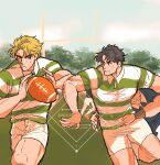  2boys ball black_hair blonde_hair closed_mouth collared_shirt commentary_request dio_brando highres jojo_no_kimyou_na_bouken jonathan_joestar male_focus multiple_boys muscular muscular_male outdoors phantom_blood ponpokojojo0923 rugby rugby_ball rugby_uniform shirt short_hair short_sleeves shorts sportswear striped_clothes striped_shirt sweat white_shorts 