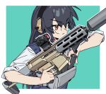  1girl aac_honey_badger absurdres ammunition_pouch assault_rifle black_hair black_vest border bulletproof_vest closed_mouth green_background gun headphones highres holding holding_weapon long_hair magazine_(weapon) optical_sight original pilot_webber pouch red_dot_sight red_eyes rifle round_eyewear simple_background solo suppressor tactical_clothes upper_body vest weapon white_border 