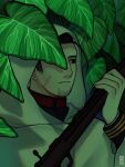  1boy absurdres arisaka black_eyes black_hair bolt_action cloak closed_mouth commentary english_commentary expressionless facial_hair goatee_stubble golden_kamuy gun highres holding holding_gun holding_weapon hood hooded_cloak joko_boo long_sleeves male_focus mature_male ogata_hyakunosuke one_eye_covered outdoors palm_leaf rifle scar scar_on_face sideburns solo stubble weapon 
