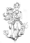  1boy 1girl alolan_marowak bounsweet closed_eyes commentary_request eating full_body greyscale highres holding holding_ladle holding_plate kiawe_(pokemon) ladle mallow_(pokemon) monochrome plate pokemon pokemon_(creature) pokemon_sun_and_moon sandals sima_(hakoniwa1201) sketch smile topless_male twintails 