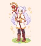  1girl artist_name blue_flower boots brown_boots capelet commentary earrings elf english_commentary flower frieren full_body gold_trim grass green_eyes grey_hair holding holding_staff jewelry kaaileen long_hair pointy_ears skirt solo sousou_no_frieren sparkle staff twintails white_capelet white_skirt 