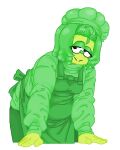 1girl apron black_eyes bob_cut breasts chef_hat colored_skin cropped_legs deltarune freckles genderswap genderswap_(otf) green_(deltarune) green_apron green_hair green_hat green_pants green_skin green_sweater half-closed_eyes hat leaning_forward looking_at_viewer moppynoko pants plump small_breasts smile solo sweater turtleneck turtleneck_sweater utdr_(toby_fox) white_background 