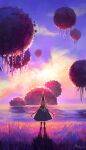  1girl absurdres aqua_cloak brushbuddy cloak coco_(tongari_boushi_no_atelier) commentary conical_hat creature fantasy from_behind grass green_hair hat highres ocean outdoors porukana qifrey's_atelier_apprentice_uniform short_hair sunset tongari_boushi_no_atelier water 