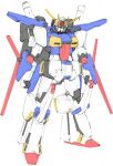  aeug asada-masao beam_cannon blue_eyes commentary derivative_work gundam gundam_zz mecha mecha_focus mobile_suit no_humans robot science_fiction shield sketch solo unfinished v-fin zz_gundam 