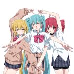  >_< 3girls absurdres akita_neru aqua_hair arm_up black_choker black_shorts black_skirt blonde_hair bow bowtie brown_cardigan cardigan cardigan_around_waist choker closed_eyes clothes_around_waist commentary_request double_v drill_hair earrings fang hair_ornament hatsune_miku highres jacket jewelry kasane_teto long_hair long_sleeves multiple_girls one_eye_closed open_mouth pan_(ryu) red_bow red_bowtie red_hair school_uniform shirt short_sleeves shorts side_ponytail skirt triple_baka_(group) triple_ryuunen twin_drills twintails utau v vocaloid white_background white_shirt yellow_eyes 