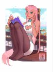  1girl artist_logo balcony blue_collar blue_eyes book border bracelet breasts cleavage_cutout closed_mouth clothing_cutout collar commentary english_commentary eyelashes hair_ornament hairclip hand_up heart_cutout high_collar highres jewelry knees_up legs_together logo long_hair looking_at_viewer no_shoes ocean orensje original pantyhose pink_hair pink_nails shirt sitting skirt small_breasts solo very_long_hair white_border white_shirt white_skirt 