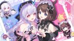  2girls :d absurdres agari_raburi ahoge bare_shoulders beret bird black_bow black_hat blue_eyes bow braid breasts brown_hair character_name chibi cleavage cleavage_cutout clothing_cutout commentary fur_trim hair_bow hair_intakes hair_ribbon half_up_braid hand_up hat heart heart_hands heart_hands_duo highres horns indie_virtual_youtuber long_hair looking_at_viewer medium_hair mole mole_under_eye multicolored_hair multiple_girls neeko_(vtuber) off_shoulder open_mouth pink_eyes pink_streaks project-sp qianze_chia ribbon smile streaked_hair upper_body virtual_youtuber white_hair white_headdress 