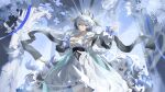  1girl absurdres ambience_synesthesia animal_ear_fluff animal_ears arknights braid closed_mouth commentary_request dress grey_eyes grey_hair hair_between_eyes highres jewelry long_hair long_sleeves looking_at_viewer mushuang_goner pramanix_(arknights) pramanix_the_prerita_(arknights) pramanix_the_prerita_(hymn_to_sunbreak)_(arknights) snow_leopard_ears snow_leopard_girl solo twin_braids very_long_hair white_hair 