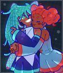  2girls absurdres afro_puffs alternate_hairstyle alternate_skin_color aqua_eyes aqua_hair aqua_necktie aqua_trim bare_shoulders black_sleeves braid collared_shirt dark-skinned_female dark_skin darkened_skin detached_sleeves dreadlocks hatsune_miku highres kasane_teto kasane_teto_(utau) kinky_hair long_hair multiple_braids multiple_girls necktie paranoid_ghosts red_hair red_trim shirt skirt sleeveless sleeveless_shirt smile twintails utau very_long_hair vocaloid 
