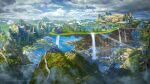  absurdly_detailed_composition absurdres blue_sky bridge city cloud cloudy_sky commentary complex_exterior courtyard day defensive_wall english_commentary fantasy forest grand_scale highres lake landscape mountain nature no_humans original outdoors railroad_tracks ryan_christian scenery sentry sky tree water waterfall 