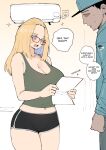  1boy 1girl absurdres air_conditioner bangs_pinned_back bare_shoulders black_hair black_shorts blonde_hair blue_eyes blush breasts cleavage commentary dolphin_shorts english_text folded_hair glasses green_tank_top hair_pulled_back hat height_difference highres holding holding_paper huge_breasts inne_sulistya_robin long_hair midriff navel norman_maggot open_mouth original paper red-framed_eyewear short_hair shorts speech_bubble sweatdrop tank_top untranslatable_commentary 
