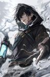  1boy absurdres asymmetrical_gloves black_gloves black_hair black_hood blood blood_on_face cowboy_shot dated gloves green_eyes heterochromia highres holding holding_lantern jingran_(wuthering_waves) lantern long_hair looking_at_viewer male_focus mismatched_gloves offering_hand open_mouth partially_fingerless_gloves smile solo wuji_dun_guiyuan wuthering_waves yellow_eyes 
