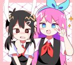  2girls @_@ antenna_hair arm_around_neck arm_on_another's_shoulder aubrey_(faraway)_(omori) aubrey_(omori) bad_id bad_pixiv_id black_eyes black_hair black_sweater_vest blue_eyes blue_hairband blush collared_shirt commentary_request double-parted_bangs fang genderswap genderswap_(mtf) hair_between_eyes hair_ornament hairband hairclip highres hoshidashiki long_hair looking_at_viewer low_twintails medium_hair multiple_girls neckerchief omori open_mouth pink_hair red_neckerchief shirt short_sleeves short_twintails steam sunny_(omori) sweater_vest twintails v 