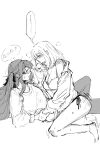 2girls bang_dream! bang_dream!_it's_mygo!!!!! blush bra breasts cleavage covering_another's_eyes dry_humping from_side greyscale hair_ribbon hand_over_another's_eyes heavy_breathing highres holding_another's_wrist humping large_breasts long_hair long_sleeves medium_hair misumi_uika monochrome motion_lines multiple_girls off_shoulder open_mouth pankoryo panties pants parted_lips profile purple_eyes ribbon side-tie_panties simple_background sketch spoilers spot_color straddling sweat togawa_sakiko translated underwear white_background yuri 