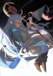  1girl animalization aqua_cloak blue_eyes blue_hair brushbuddy cloak closed_mouth conical_hat creature frieren hat hat_tassel highres himmel_(sousou_no_frieren) holding holding_staff kanopix long_hair mage_staff qifrey's_atelier_apprentice_uniform richeh_(tongari_boushi_no_atelier) sousou_no_frieren staff tongari_boushi_no_atelier twintails very_long_hair white_hair 