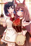  2girls absurdres ahoge animal_ears apron ascot black_hair blue_eyes blush breasts brown_apron brown_dress brown_hair brown_hairband brown_wrist_cuffs cake chef_hat chocolate closed_mouth commentary_request dress eishin_flash_(precise_chocolatier)_(umamusume) eishin_flash_(umamusume) food frilled_cuffs hair_between_eyes hair_ornament hairband hairclip hat highres holding holding_plate horse_ears horse_girl large_breasts long_hair looking_at_viewer mihono_bourbon_(code:_icing)_(umamusume) mihono_bourbon_(umamusume) mini_hat multiple_girls official_alternate_costume plate red_ascot short_hair smile suzuto_(mimoria) tilted_headwear umamusume waist_apron white_dress white_wrist_cuffs wrist_cuffs 