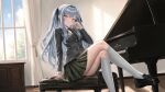  1girl absurdres arknights bang_dream! bang_dream!_it's_mygo!!!!! black_ribbon blue_hair closed_mouth commentary_request hair_ribbon highres instrument long_hair long_sleeves mygo!!!!!_(bang_dream!) pamumii piano piano_bench ribbon shirt sidelocks sitting skirt solo togawa_sakiko window yellow_eyes 