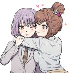  2girls arms_around_neck artist_request bang_dream! bang_dream!_girls_band_party! brown_eyes brown_necktie collared_shirt commentary_request commission green_eyes grey_jacket hair_bun hair_ornament hairclip highres hug imai_lisa jacket korean_commentary lipstick_mark lipstick_mark_on_face long_hair minato_yukina multiple_girls necktie one_eye_closed purple_hair second-party_source shirt simple_background white_background white_shirt yuri 