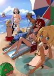 3boys 3girls arthur_charles back beach bikini blonde_hair blue_eyes braid breasts brown_hair closed_mouth collarbone commentary_request doll doll_on_head food food_in_mouth frederica_irving fruit fundoshi glasses hair_between_eyes hasami_kabuto_(sekaiju) highlander_(sekaiju) highres hoku japanese_clothes long_hair medium_breasts multiple_boys multiple_girls navel ocean one-piece_tan orange_eyes outdoors popsicle popsicle_in_mouth profile raquna_sheldon red_hair sekaiju_no_meikyuu shin_sekaiju_no_meikyuu short_hair simon_yorke smile sparkle split_mouth standing sunglasses swimsuit tanlines tusukur_(sekaiju) twin_braids umbrella watermelon 
