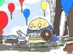  armor artist_name axe baby_animal balloon bird blue_sky blurry boar chick cloud cloudy_sky commentary_request depth_of_field fantasy full_body happy_birthday holding holding_axe holding_shield jun_(navigavi) looking_up nervous nervous_sweating original outdoors river round_shield shield signature sketch sky standing sweat tree tree_stump wooden_shield 
