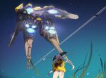  1girl chinese_commentary commentary_request contrail from_below glowing jacket mecha mechanical_legs original outdoors purple_hair robot science_fiction sky standing thrusters twintails yellow_jacket zhuliye_bu_ai_chi_qiezi 