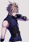  1boy belt black_gloves blonde_hair blue_eyes blue_pants blue_shirt cloud_strife cowboy_shot dirty dirty_face final_fantasy final_fantasy_vii final_fantasy_vii_remake gloves grey_background hair_between_eyes highres looking_at_viewer male_focus multiple_belts pants shirt short_hair sleeveless sleeveless_turtleneck solo spiked_hair suspenders toned toned_male turtleneck wiping_mouth yui_(nightflight) 