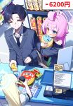  1boy 1girl 2girls ahoge black_shirt blonde_hair blue_archive blue_eyes blue_halo blush capry cash_register close-up collared_shirt convenience_store credit_card crying hair_flaps halo heterochromia highres hoshino_(blue_archive) indoors jacket long_hair multiple_girls necktie off_shoulder open_mouth pink_hair pink_halo portrait price_tag sensei_(blue_archive) shirt shop sora_(blue_archive) streaming_tears stuffed_animal stuffed_toy stuffed_whale suit_jacket sweatdrop tears tempura_costume upper_body white_shirt yellow_eyes 