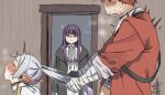  1boy 2girls anger_vein blush caught elf fern_(sousou_no_frieren) frieren grabbing_another's_hair grabbing_another's_twintails hetero highres holding_another's_hair implied_sex leizyart multiple_girls out-of-frame_censoring pointy_ears purple_hair red_hair sex shaded_face sousou_no_frieren spasm spoken_anger_vein stark_(sousou_no_frieren) sweat twintails walk-in white_hair 