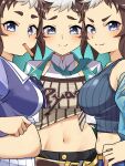  >:) 3girls absurdres alternate_costume belly blue_eyes bow bowtie breasts brown_hair buttons carrot carrot_slice closed_mouth collared_shirt commentary_request cropped_jacket eros_no_kami food_in_mouth from_side grey_hair hand_on_own_hip highres jacket large_breasts looking_at_viewer mejiro_ryan_(down_the_line)_(umamusume) mejiro_ryan_(umamusume) midriff mouth_hold multicolored_hair multiple_girls multiple_persona navel necktie necktie_lift necktie_over_shoulder open_clothes open_shirt parted_lips pleated_skirt print_shirt raised_inner_eyebrows sailor_collar sailor_shirt school_uniform shirt short_eyebrows short_hair skindentation skirt smile stomach straight-on tank_top tied_shirt tracen_school_uniform two-tone_hair umamusume upper_body v-shaped_eyebrows wing_collar 