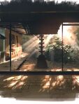  absurdres building bush canopy_(shelter) commentary_request fountain highres light_rays no_humans original outdoors scenery smile_(qd4nsvik) stone_walkway tile_floor tiles 