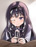  1girl ;) absurdres akemi_homura akemi_homura_(magical_girl) black_hair black_hairband blush closed_mouth clothed_female_nude_male commentary_request commission cum cum_on_body cum_on_hair dark-skinned_male dark_skin erection facial hairband hairjob hetero highres long_hair long_sleeves looking_at_viewer magical_girl mahou_shoujo_madoka_magica mahou_shoujo_madoka_magica_(anime) meronlime nude one_eye_closed penis pov pov_crotch purple_eyes skeb_commission smile solo_focus 