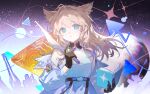  1girl absurdres animal_ears arknights arknights:_endfield bare_shoulders belt bird_ears bird_girl black_belt black_gloves blonde_hair blue_eyes book breasts caoxin46104 chinese_commentary commentary_request dress gloves highres holding holding_book jacket long_hair long_sleeves looking_at_viewer off_shoulder open_book parted_lips perlica_(arknights) planet sky solo sparkle star_(sky) starry_sky triangle upper_body white_dress white_jacket 