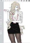  1girl black_skirt blonde_hair breasts cigarette cleavage collared_shirt commentary_request frown green_eyes hair_over_one_eye harufspring highres id_card large_breasts limbus_company long_hair looking_at_viewer mature_female nail_polish office_lady pantyhose project_moon shirt skirt sleeves_rolled_up unfinished valencina_(project_moon) white_background 