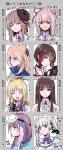  6+girls :d ^_^ ahoge aqua_eyes black_hair blonde_hair bow braid breasts brown_hair capelet chest_harness choker closed_eyes commentary crown_braid date_akari fox_mask frilled_hairband frills gas_mask green_eyes hair_ornament hair_ribbon hair_stick hairband harness heaven_burns_red highres kanzaki_adelheid kiryuu_miya kulfiq lolita_hairband long_hair mask meme_request mikoto_fubuki mole mole_under_eye multicolored_hair multiple_drawing_challenge multiple_girls necktie off_shoulder open_mouth overalls pink_hair ponytail puff_of_air purple_bow purple_hair red_eyes red_hair red_ribbon ribbon shirakawa_yuina shirt sidelocks smile sportswear streaked_hair sugawara_chie tsukishiro_monaka twin_braids twintails upper_body white_hair white_shirt yanagi_mion 