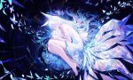  1girl absurdres animal_ear_fluff animal_ears bare_shoulders blue_butterfly breasts bug butterfly closed_eyes commentary_request dress flower fox_ears fox_girl hair_spread_out highres jianshu kitsune kyuubi large_breasts long_hair lying multiple_tails on_side original simple_background solo tail toes white_dress white_flower white_hair 