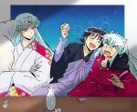  3boys absurdres alcohol animal_ears arm_around_neck bead_bracelet bead_necklace beads black_hair black_robe blue_background border bottle bracelet bridal_gauntlets choko_(cup) closed_eyes commentary crescent crescent_facial_mark crispslyn crossed_arms cup dog_ears drinking drunk english_commentary facial_mark fangs fingernails forehead_mark furrowed_brow hair_between_eyes highres holding holding_cup inuyasha inuyasha_(character) japanese_clothes jewelry kariginu long_hair looking_at_another low_ponytail male_focus miroku_(inuyasha) multiple_boys necklace open_mouth ponytail purple_tunic red_shirt robe sakazuki sake sake_bottle sesshoumaru sharp_fingernails shirt short_hair short_ponytail sidelocks smile squiggle sweatdrop tooth_necklace tunic twintails white_border white_hair white_robe wide-eyed yellow_eyes 