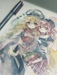  2girls art_tools_in_frame black_dress black_shirt dalachi_(headdress) dress emimi_(emimi_28) hair_ornament hecatia_lapislazuli highres junko_(touhou) looking_at_viewer miniskirt multiple_girls painting_(medium) photo_(medium) planet_hair_ornament red_eyes red_hair red_tabard shirt skirt strapless strapless_shirt tabard touhou traditional_media watercolor_(medium) 