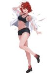  1girl :o ;o alternate_costume angel arknights black_shoes black_shorts black_sports_bra breasts commentary_request detached_wings exusiai_(arknights) exusiai_the_new_covenant_(arknights) full_body halo haniwakun2006 highres looking_at_viewer medium_breasts navel one_eye_closed red_hair red_socks shirt shoes short_hair short_shorts shorts simple_background smile socks solo sports_bra stomach v white_background white_shirt wings yellow_eyes 