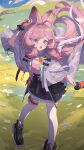  1girl absurdres animal_ear_fluff animal_ears arknights black_skirt commentary fingerless_gloves fur-trimmed_skirt fur_trim gloves highres infection_monitor_(arknights) kiwwwwwi long_hair looking_at_viewer material_growth meadow open_mouth orange_gloves oripathy_lesion_(arknights) outdoors pigeon-toed pink_eyes pink_hair rabbit_ears rabbit_girl skirt solo thumpy_(arknights) 